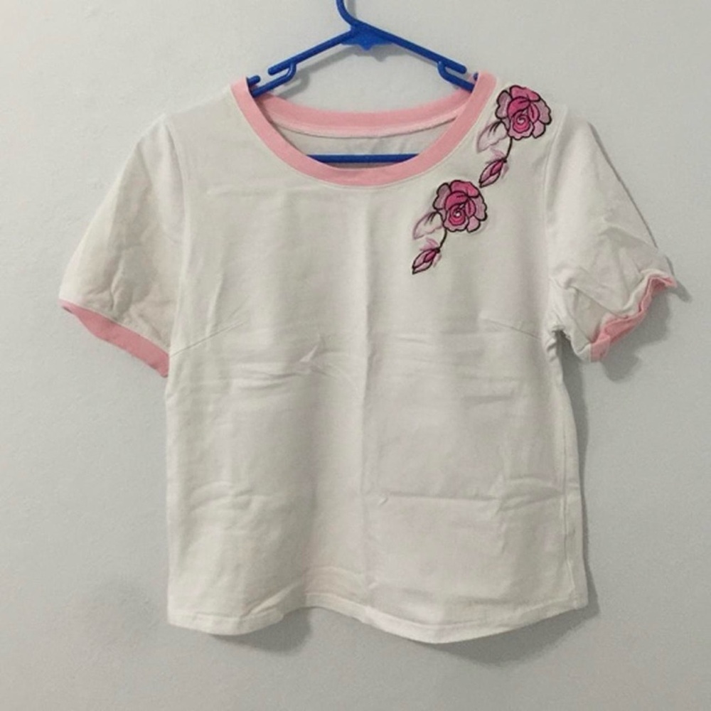 white floral embroidered shirt pink